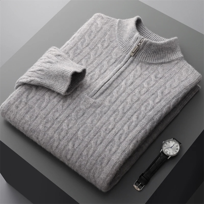 Autumn and winter 100% wool cashmere sweater mens padded twist top zipper collar bottoming shirt youth plus size knit pullover 240914