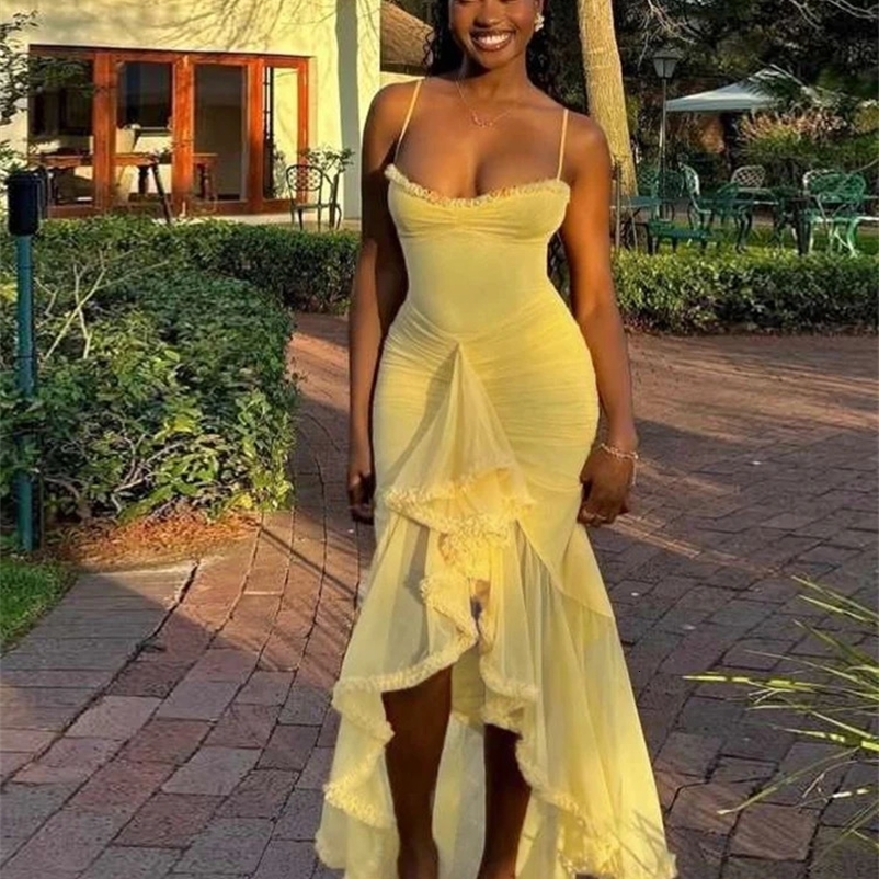 Weird Puss Ruffles Bandage Dress Women Sexy Backless Sleeveless Tassel Lace-Neck See Through Slits Hem Prom Party Long Bodycon 250427