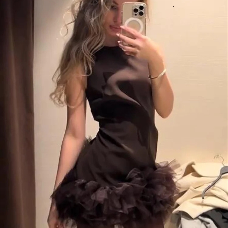 Mode y2k patchwork mail mini robe pour femmes élégantes sans manches o-cou chic soirée courte robe féminine