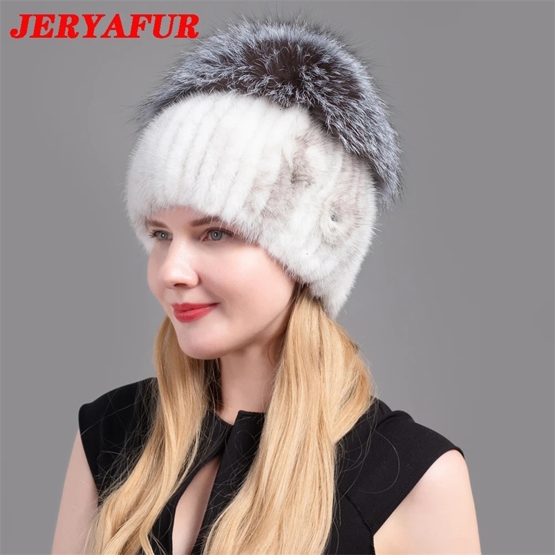 BeanieSkull Caps JERYAFUR Women Hat Fashion Winter Mink Fur Pom Hat Ladies Warm Thick Style Real Fur Girls Hat Elegant Fox Knitted Hats 231215