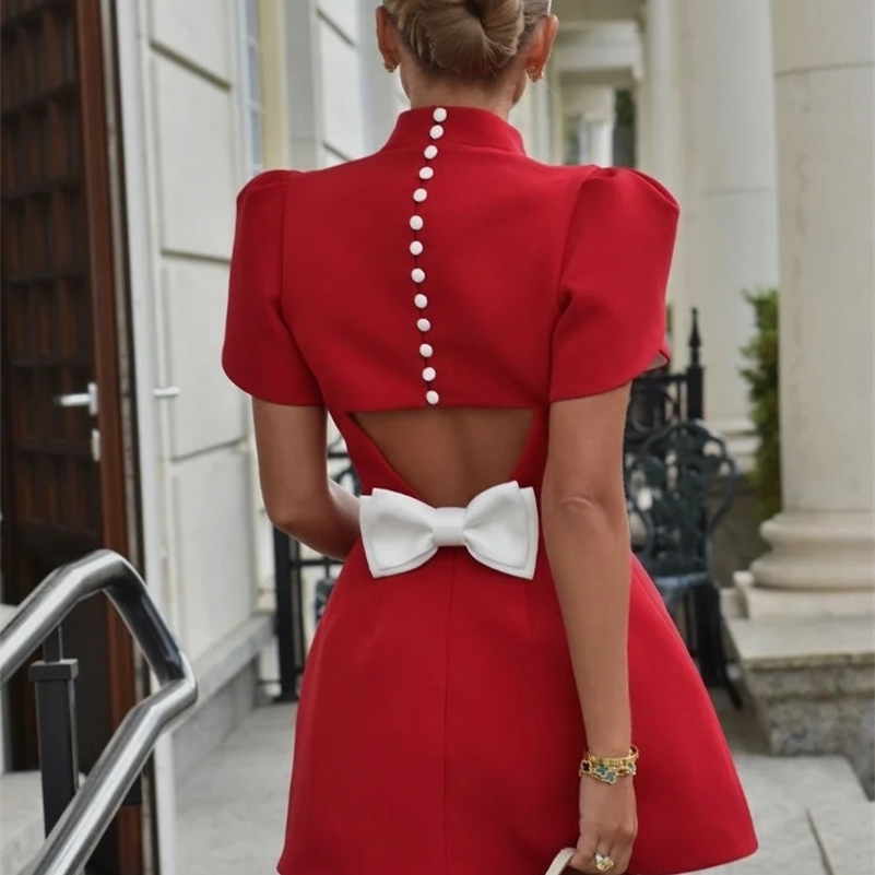 Elegant Women Formal Hollow Red O-neck Mini Dress Fashion Bow Pad Shoulder Evening Vestidos Ladies Street Party Vestidos 250206