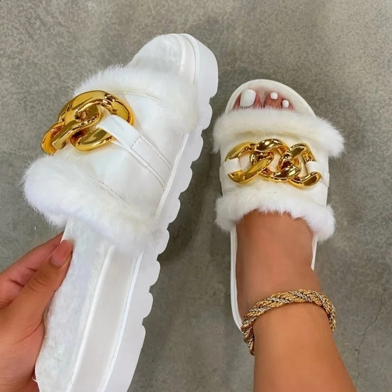 Winter Plush Slippers Open Toe Solid Color Sandals Metal Chain Outdoor Casual Womens Fashion Shoes 240904