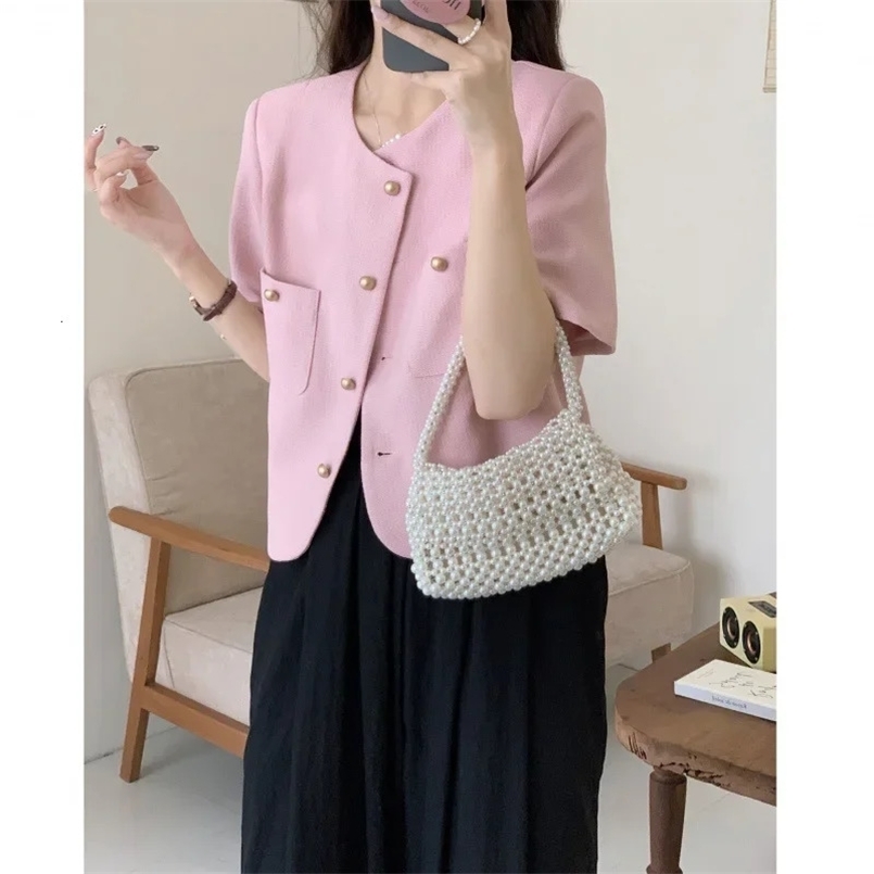 Tweed Style Jacket Summer Korean Fashion Short Sleeve Suit Elegant Top Womens Loose Fit Crew Neck Jacket 250507