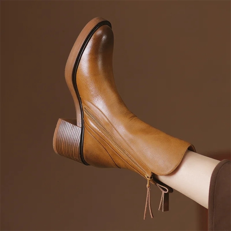Womens Platform Chelsea Boots Round Toe Chunky Heel Women Brown Ankle Boots Outdoor High Heel Leather Boots Zapatos Mujer 241224