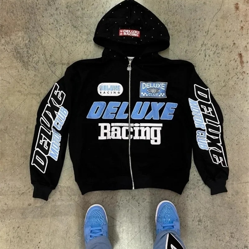 Lettre de mode esthétique Impression graphique Zip surdimensionné par sweats à capuche pour femmes Y2K Lazy Zipper Cardigan Couple polyvalent Top