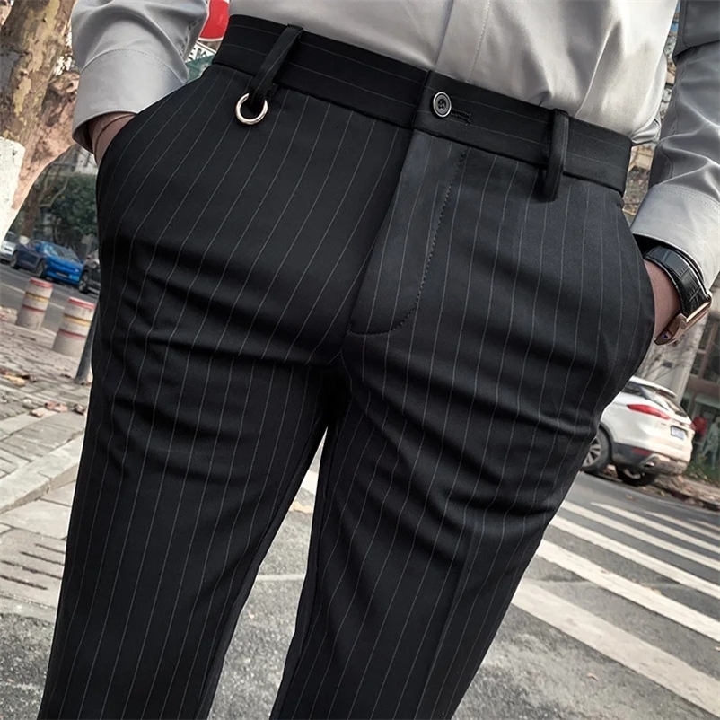 Mens Suit Pants Dress Pants Stretch Slim Straight Black Striped Formal Pants Boutique Fashion Mens Clothing Ankle Trouser 240708