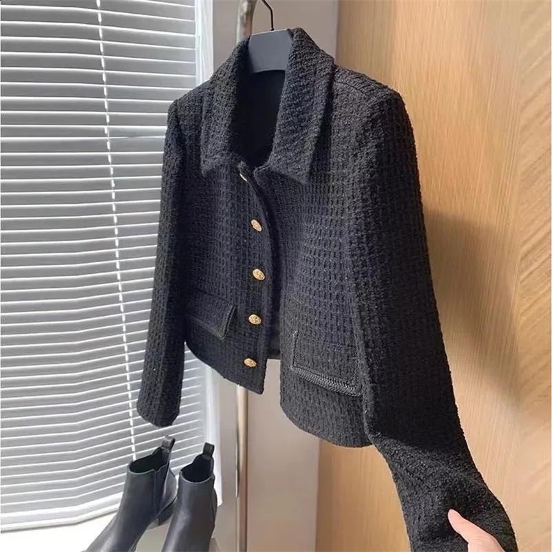 Vintage Woolen Cropped Jackets Korean Elegant Tweed Coats Autunn Lapel Slim Casual Office Lady Single Breasted Black Outerwear 240729