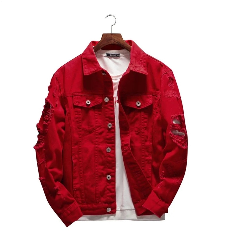 mens jeans jacket ultra-thin fit cotton denim jacket with red white black split hole mens jacket plus size streetwear 240814bj