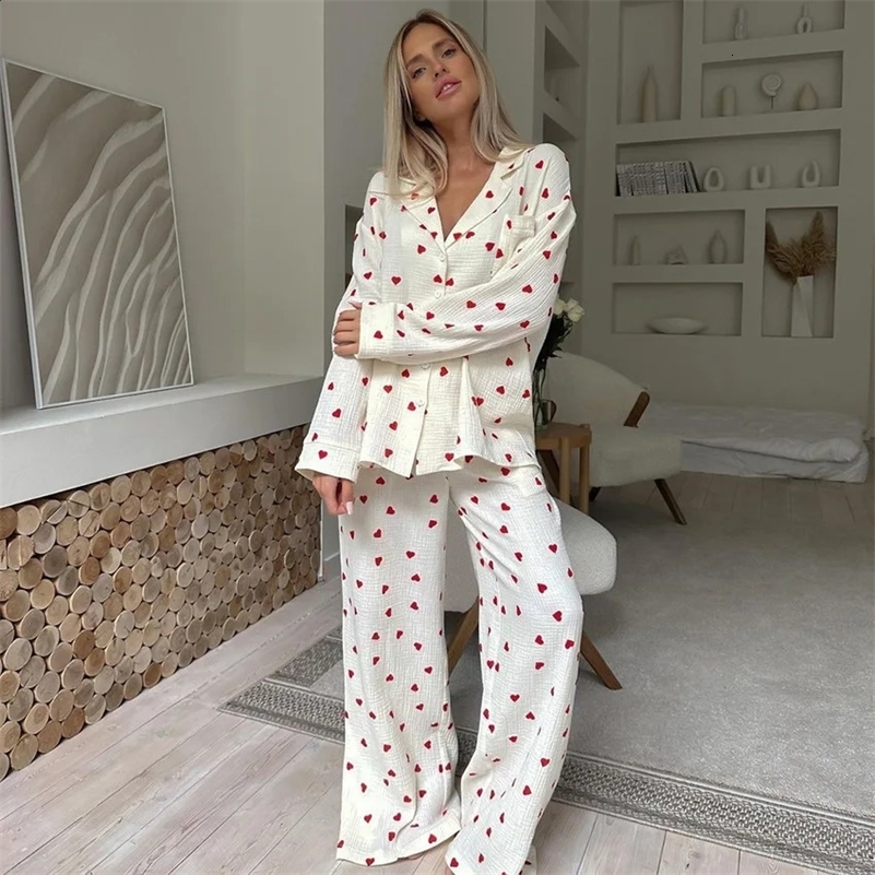 Summer Love Heart Print Pyjama 100% Cotton Long Sleeve Set 2Pcs Outfit Lapel Sleepwear Button Down Womens Pajamas Nightwear 250409