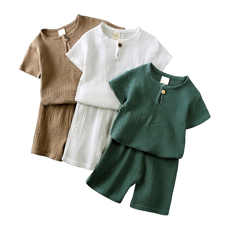 Kids Clothes Sets Outfits 2 Pcs Linen Cotton Infant Baby Boys Girls Clothing born Top T-ShirtShorts Children Suit 250305