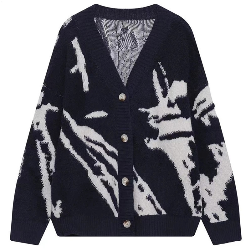 American Vintage Flocking Cardigan Knit Sweater Mens Clothing Loose Oversized Winter Cardigans Coats Y2k Hip-Hop Streetwear 240823