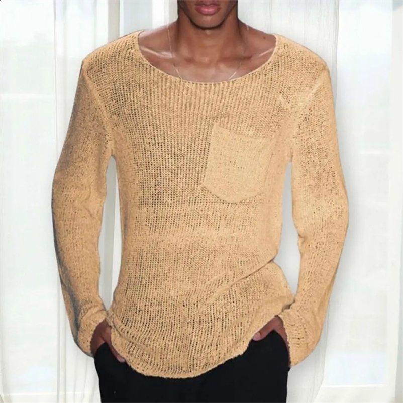 Solid Color Knit Sweater Men Sweater Stylish Mens Casual Knitwear Loose Fit Thin Pullover Hollow Out Long Sleeve Sweaters 240729