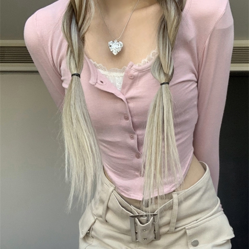 Women's T-Shirt Y2K Sweet Cute Crop Top Women Spring Lace Patchwork Knitted Pullover Pink Long Sleeve Slim T Shirt Fashion Chic Korean Style Te