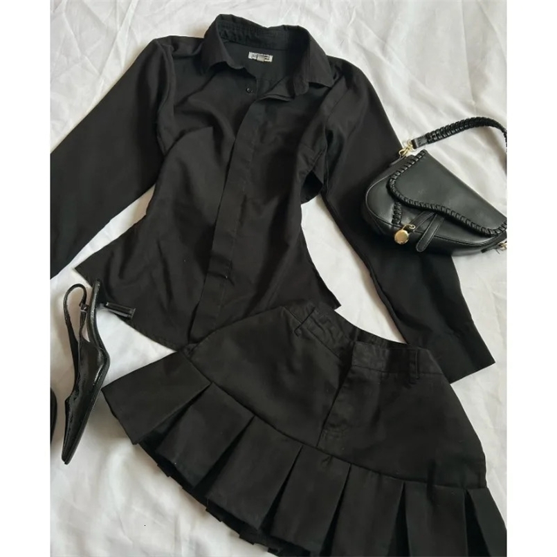 Aesthetic fashion black sexy slim mini skirts for women vintage summer kawaii gothic Y2K niche Harajuku baggy 2-piece sets 250523