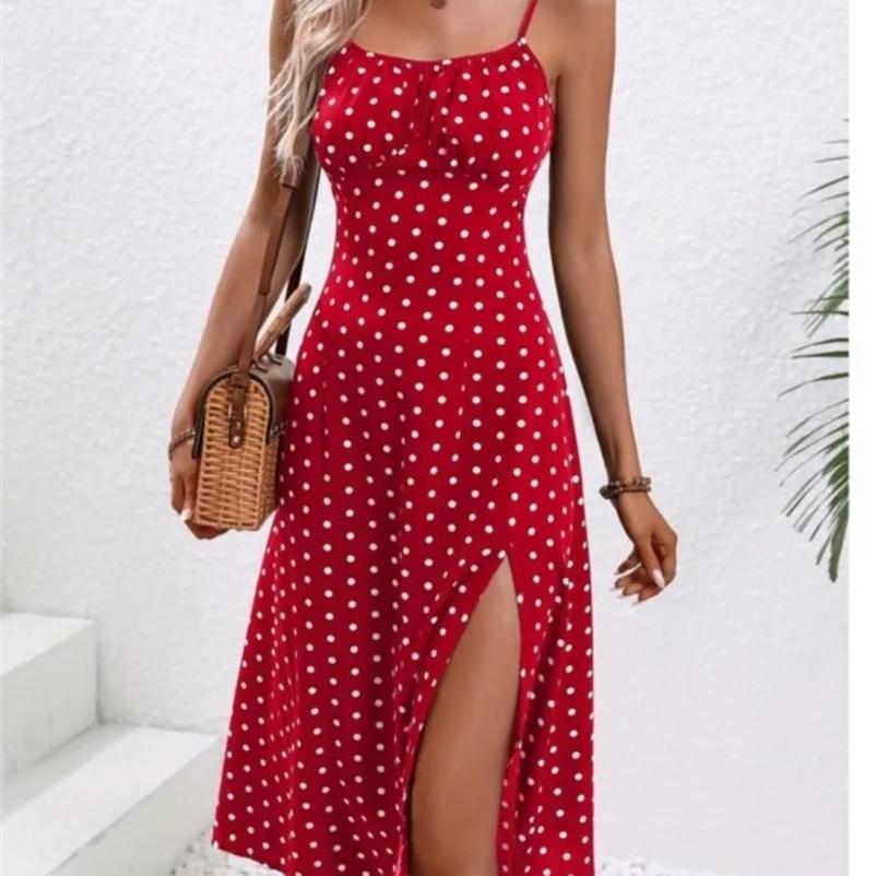 Summer Sexy spaghetti strap dress for womens fashion polka dot printed sleeveless slit dress Bohemian casual beach Midi dress 250428