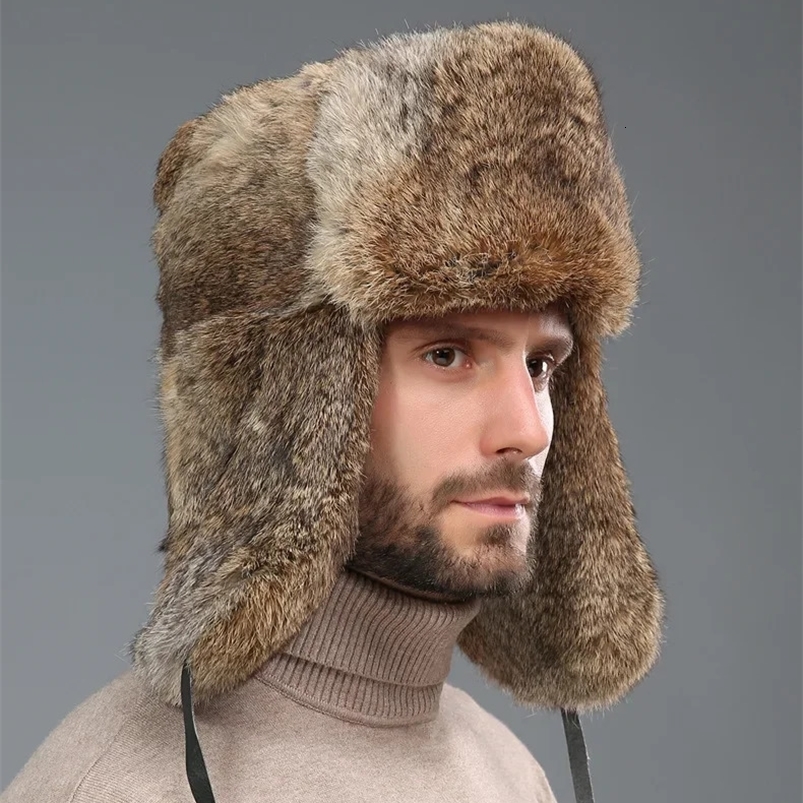 Winter Mens Immitation Faux Silver Fox Fur Bomber Hat Raccoon Fur Ushanka Cap Trapper Russian Man Ski Snow Bonnet 241014