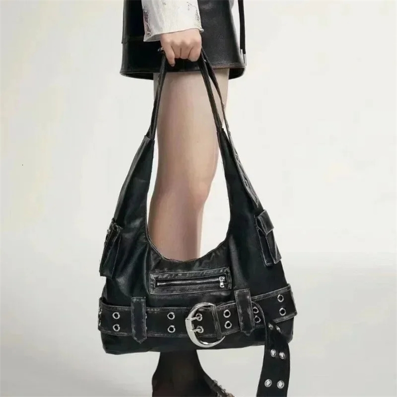 GAINNY Black Motorcycle Shoulder Bag Women Punk Y2k Vintage Trend Bags Aesthetic Korean Fashion Gothic Tote Bags Female 241014
