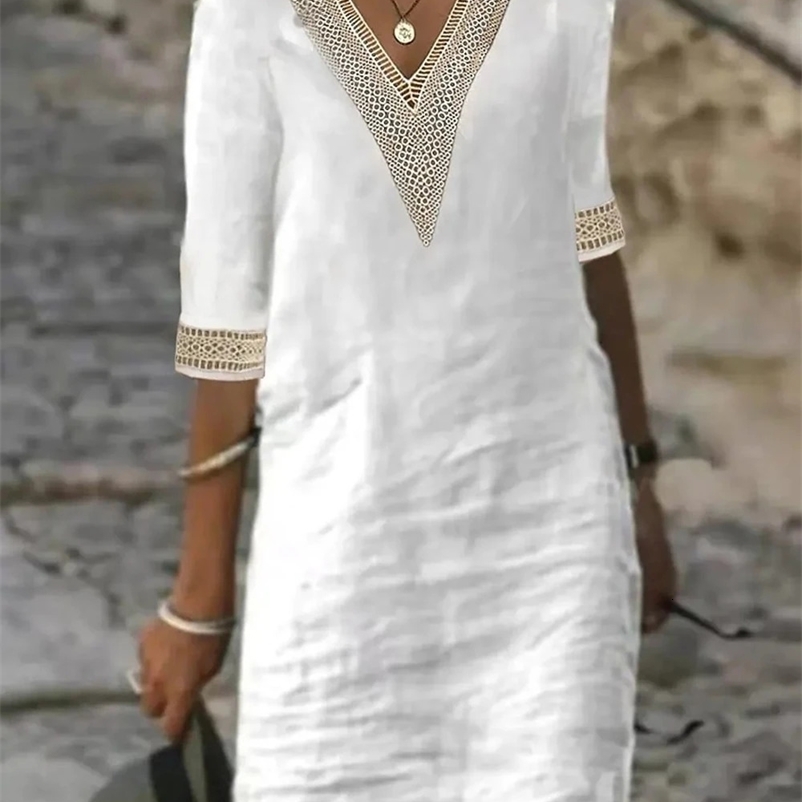 Solid color V-neck mid sleeve elegant dress250425bj