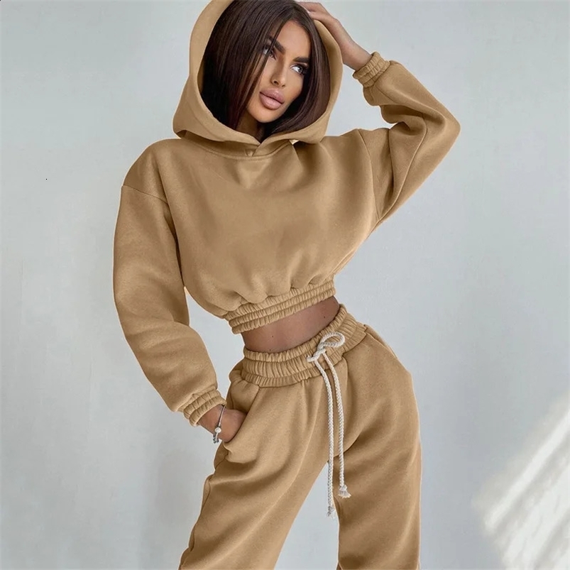 Two Pieces Set Women Hooded Tracksuit Sports Sweatshirts Streetwear Drawstring Pencil Pants Suit Trousers Autumn Outfits 240812