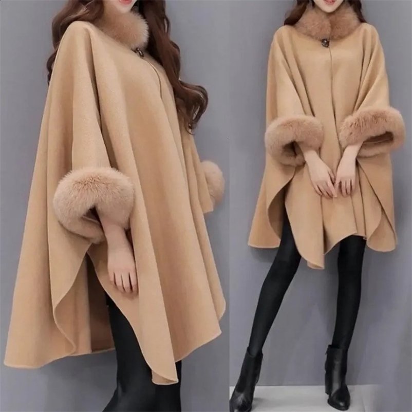 Womens Cape Town coat solid color faux fur collar autumn warm loose medium length raincoat jacket suitable for daily wear Bohemian shawl 241120bj