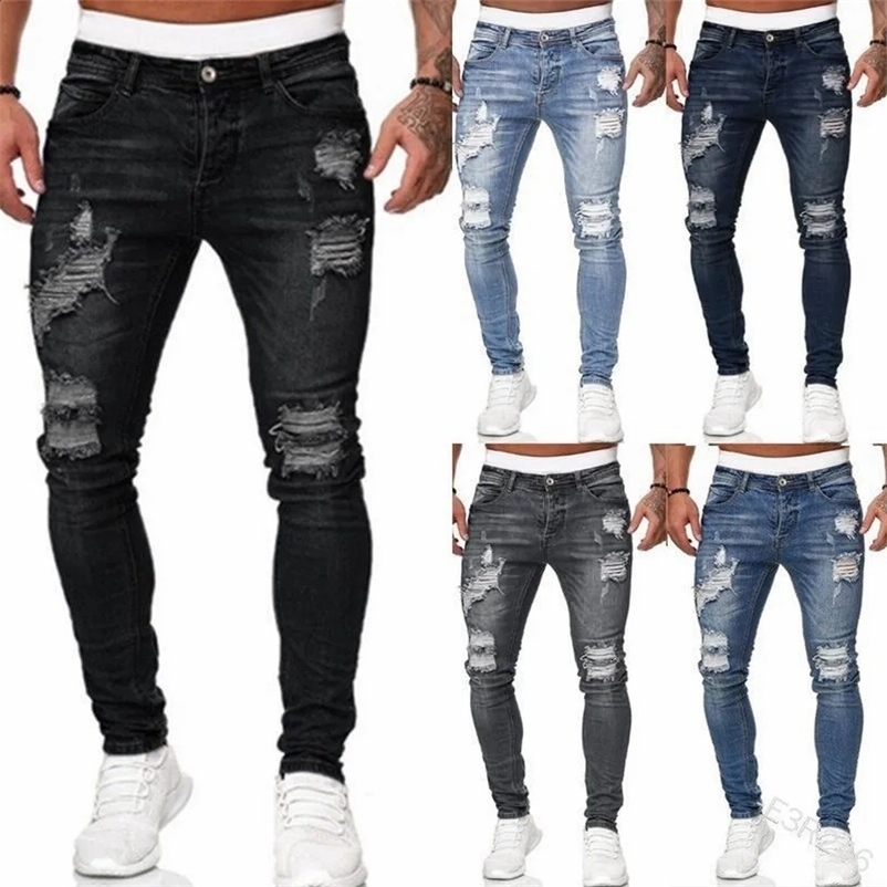 Distressed Streetwear Ripped Tight Jeans Mens Retro Washed Solid Color Elastic Bicycle Hole Denim Pencil Pants Casual Slimming Jogger 241206bj