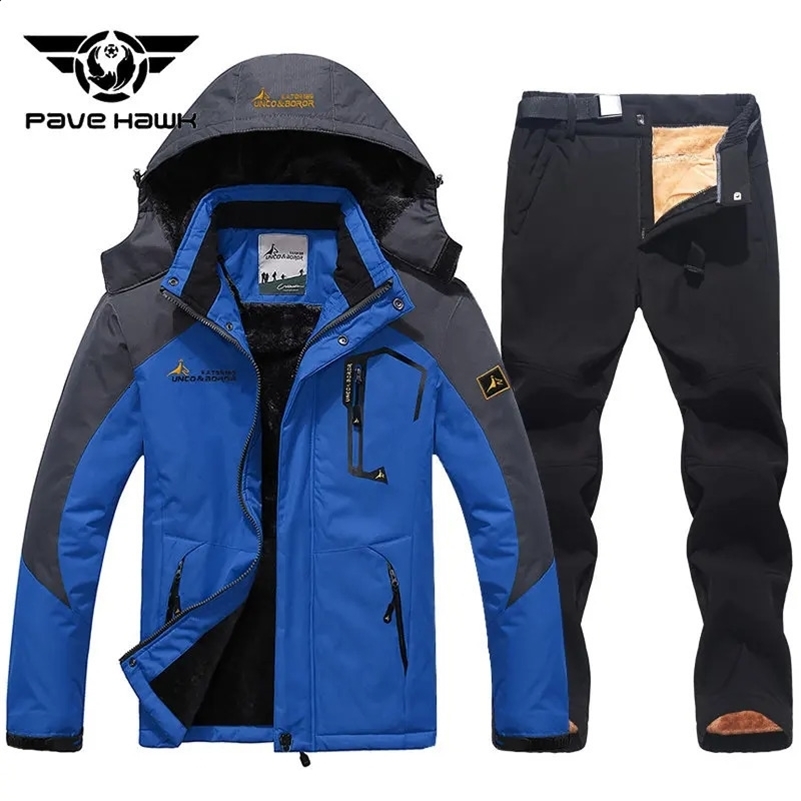 Winter skiing suit mens thick waterproof windproof hooded skiing jacket pants wool outdoor mountain skiing board skiing suit set 240914