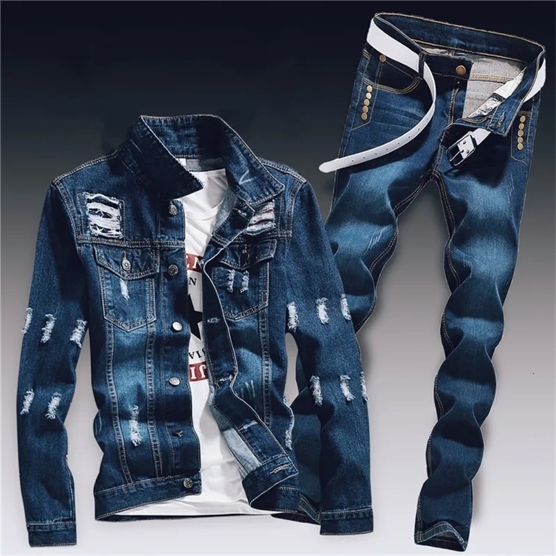 Spring Mens Denim Two Piece Set Hole Ripped Slim Fit Jacket Jeans Sets Male Casual Vintage Ropa Hombre Cargo Suit Streetwear 240715