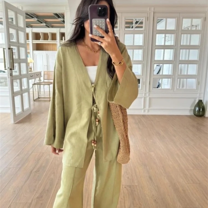 Casual bead lace shirt and pants set for women loose V-neck long sleeved shirt wide leg pants 2024 autumn fashion womens clothing 240819bj