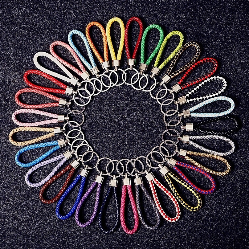 Keychains Lanyards 30pcsLot Bulk PU Leather Braided Woven Rope keychain For Women DIY bag Key Chain Men Holder Car Keyring Metal Jewelry wholesale 2