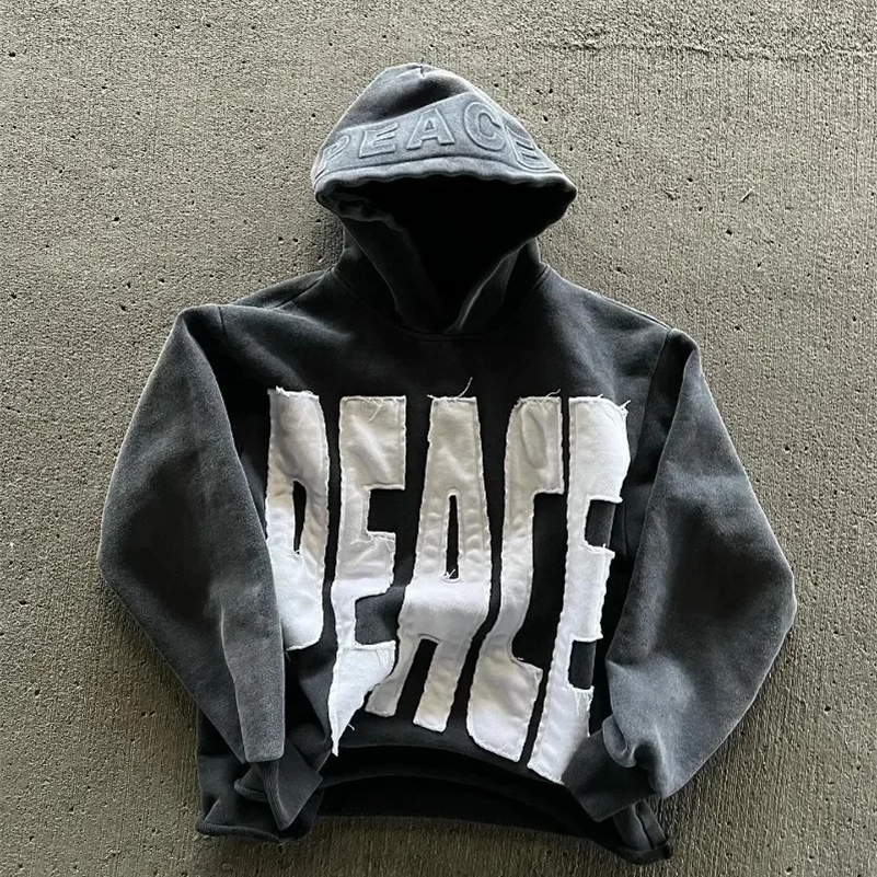 High Street Trend Vintage Alphabet Embroidery Hoodie for Men Y2k Goth Harajuku Fashion Coat Couple Casual Loose Sweatshirt 241030