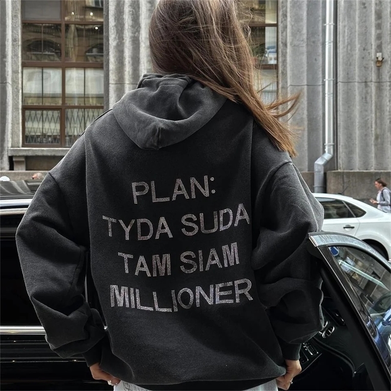 Autumn And Winter Women Clothing Harajuku Letter Retro Diamonds Y2k Distressed Hoodies Loose Causal Hooded Womens Sweatshirt 241224