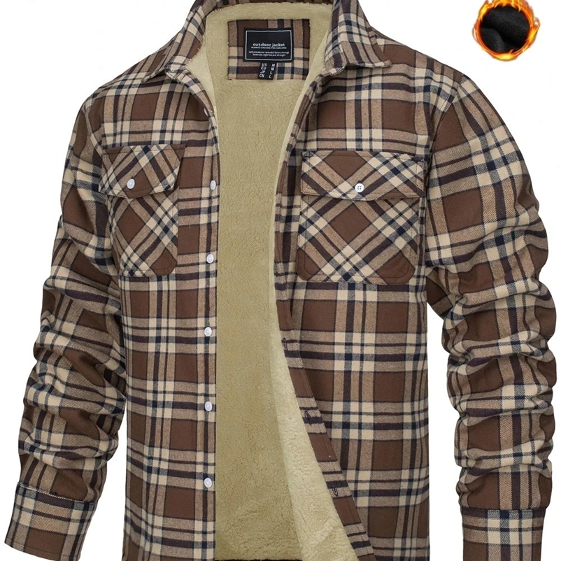 TACVASEN Fleece Lining Jackets Mens Flannel Cotton Jackets Plaid Casual Button Down Cargo Work Coats Thicken Outwear Man Tops 240829