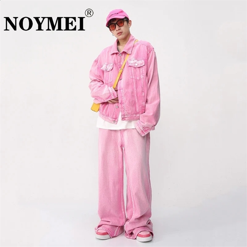 NOYMEI Pink Two Pieces Set Fashionable Long Sleeve Pocket CoatStraight Wide Leg Casual Pants Men Denim Trendy Suit WA1595 240819