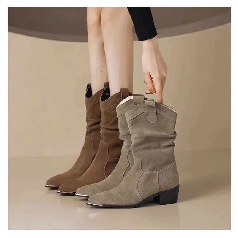Cowboy suede mid calf modern womens boots retro brown knight boots thick high heels slim fit angle Western style denim autumn and winter shoes 24092