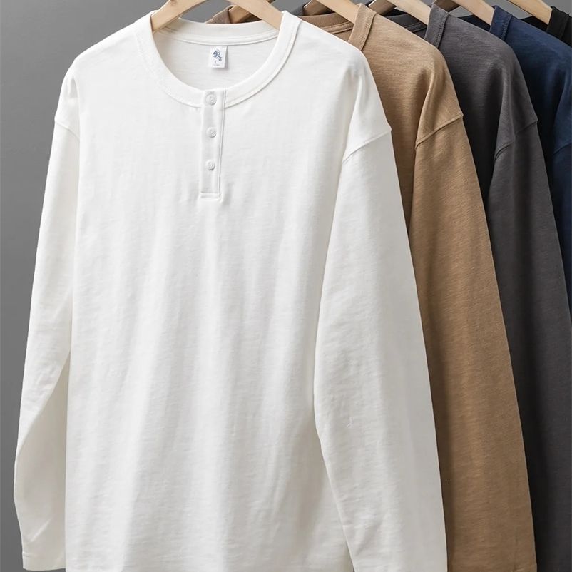 Dukeen 320G Heavyweight 100% Cotton Henley Neck T Shirt for Men Long-Sleeved Spring Autumn Casual Tops Solid Color Undershirts 241223bj