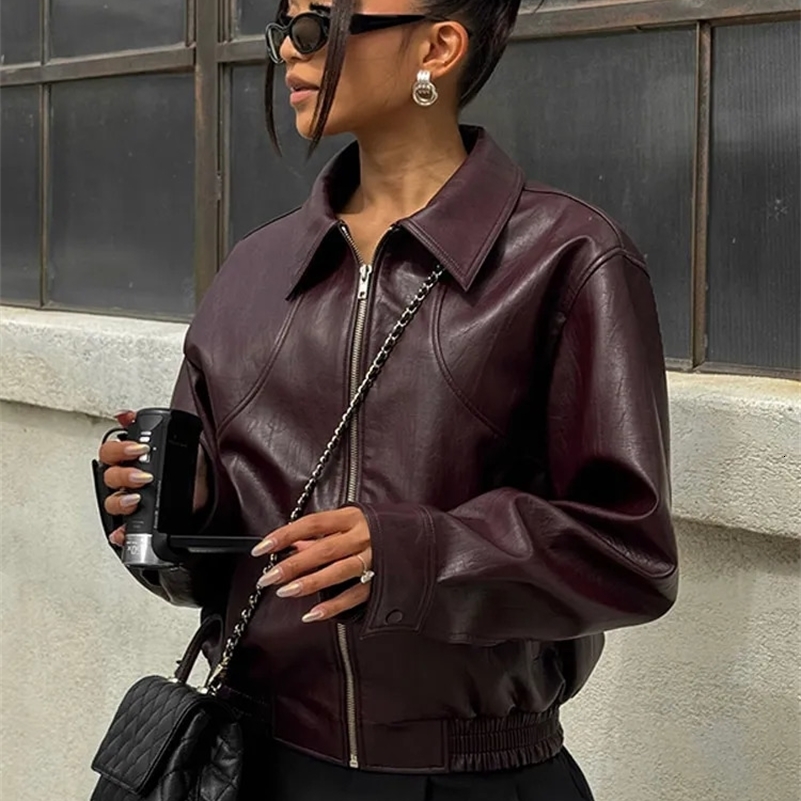 Vintage Solid Womens Pu Leather Jackets With Pockets Fashion Lapel Zipper Buttons Coats 2024 Autumn Chic Lady High Streetwear 250107