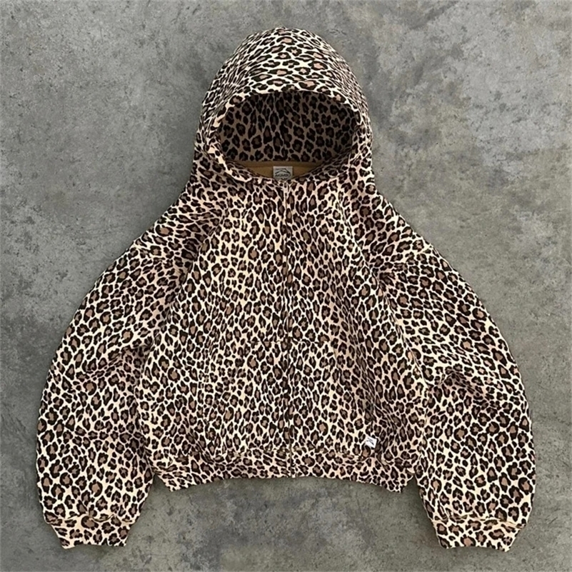 Leopard Print Plus Velvet Hooded Sweater American Retro 90s Lined With Plush Winter Warm Zipper Shirt Oversized Unisex Clothing 241227