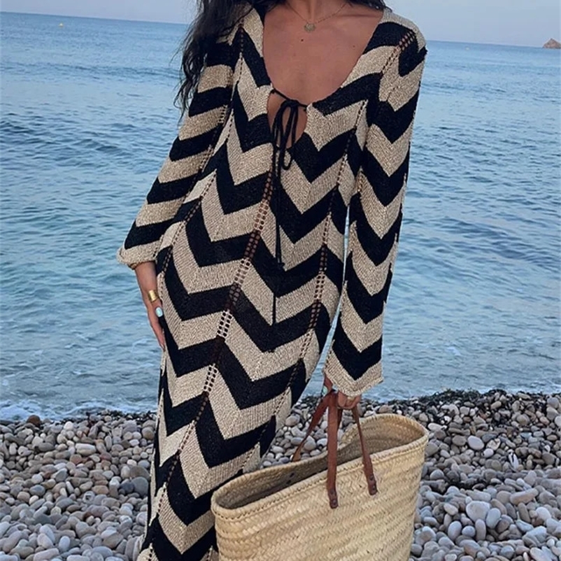 Women Elegant Contrast Stripe Knitted Long Dress Sexy V-neck Hollow Out Lace Up Long Sleeve Dresses Summer Beach Casual Robes 240828