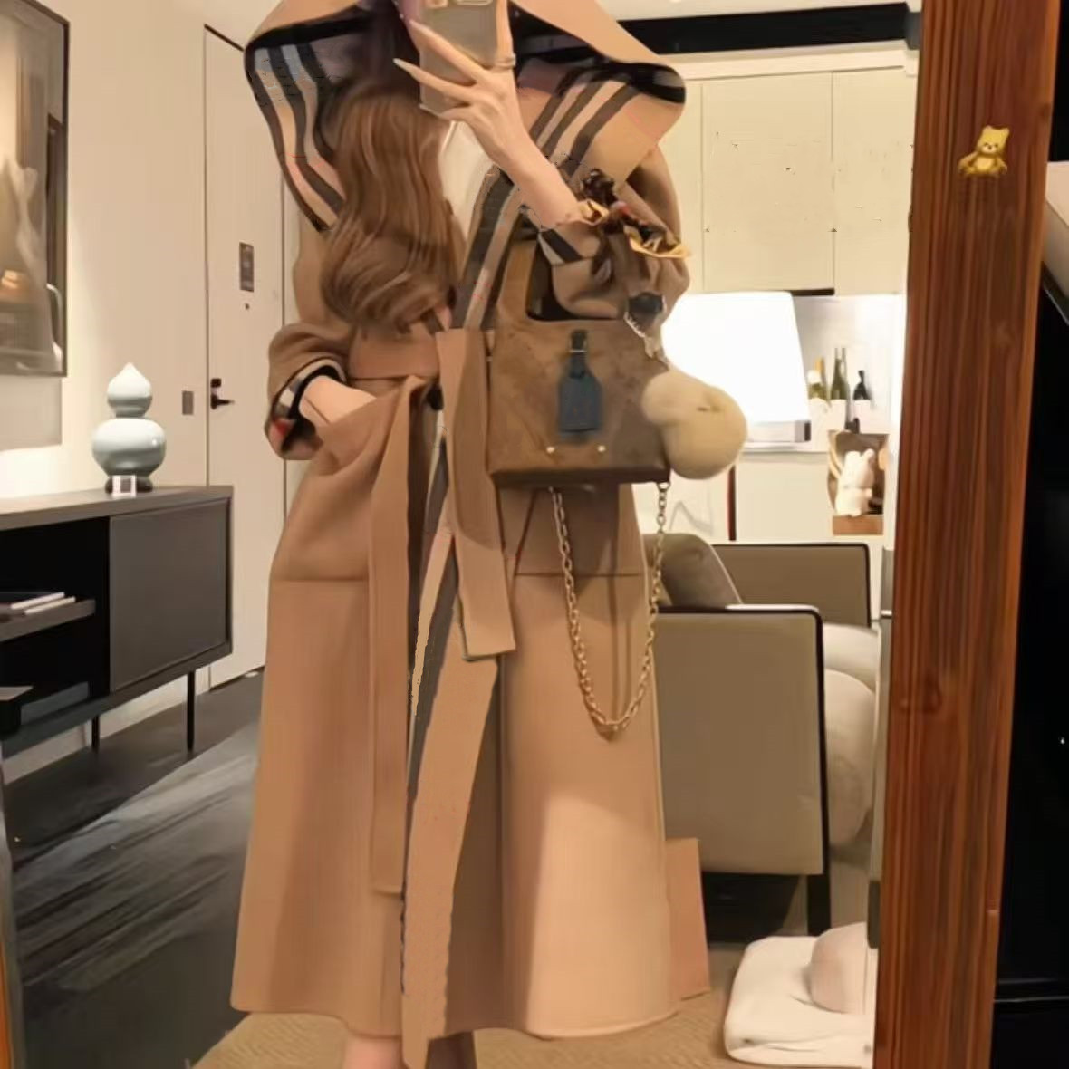 2025 High-end Luxury Striped Women's Wool & Blends, Fashionable Double-sided Hooded Waistcoat, Celebrity Same Style Windbreaker Coat