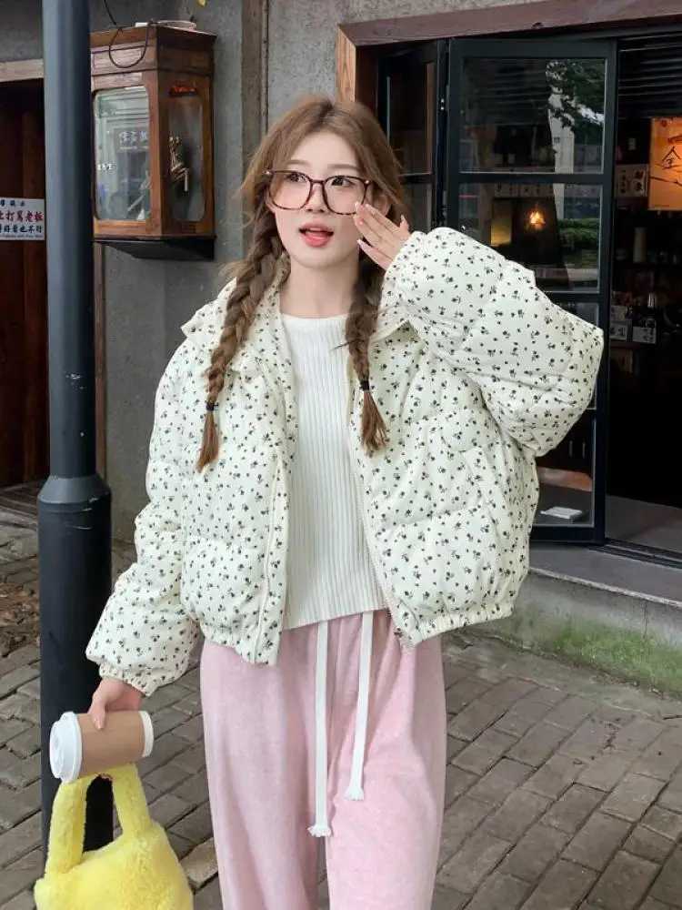 Korean Vintage Winter Women Floral Long Sleeved Zipper Down Jacket Ladies Vintage Short Warm Bread Coat Casual Versatile Popular Z250923