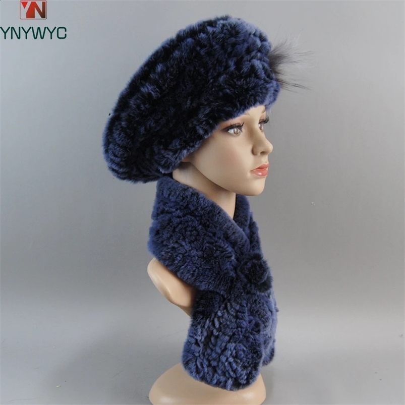 Russia Winter Rex Rabbit Fur Hats Scarves Women Fashion 100% Genuine Knit Fur Caps Scarves Sets Lady Warm Real Fur Hat Muffler 241227