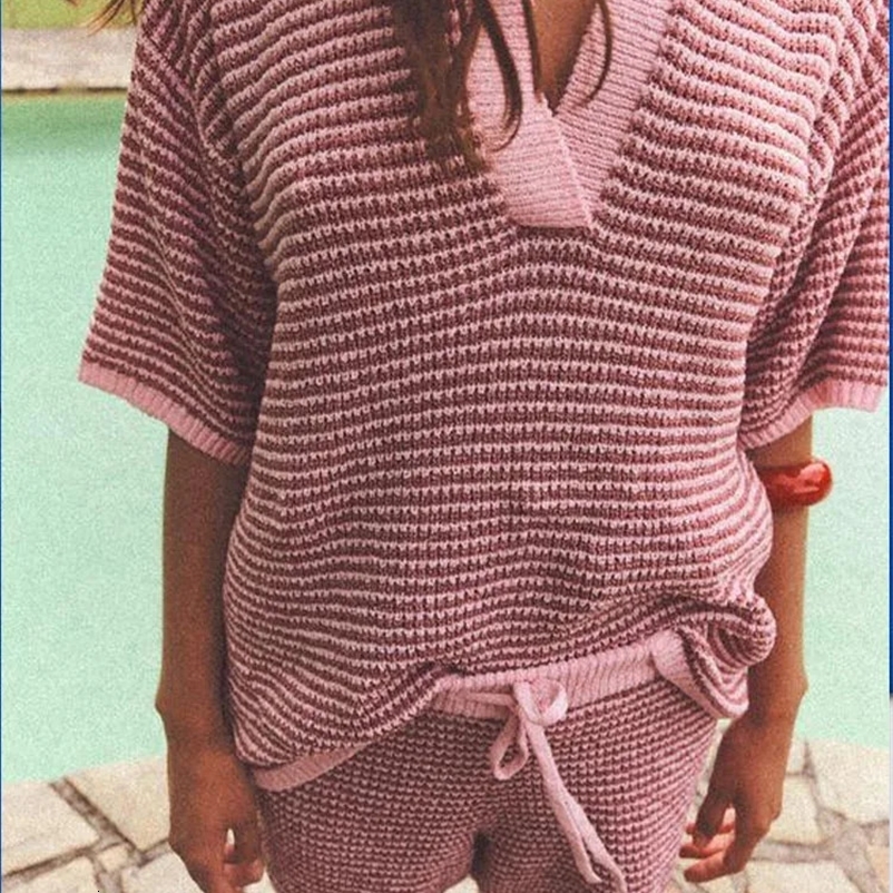 European and American womens loose casual striped knitted polo neck top 250327