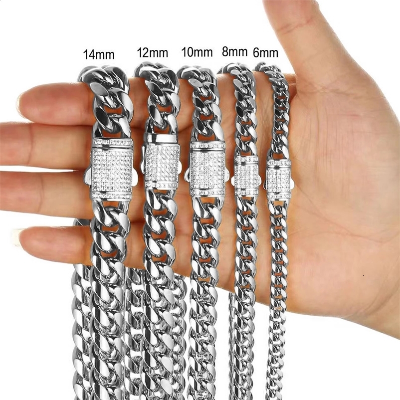 6mm-18mm Any Length 7-40inch 316L Stainless Steel Miami Curb Cuban Chain Necklace or Bracelet Crystal Lock Men Women Jewelry 241224bj