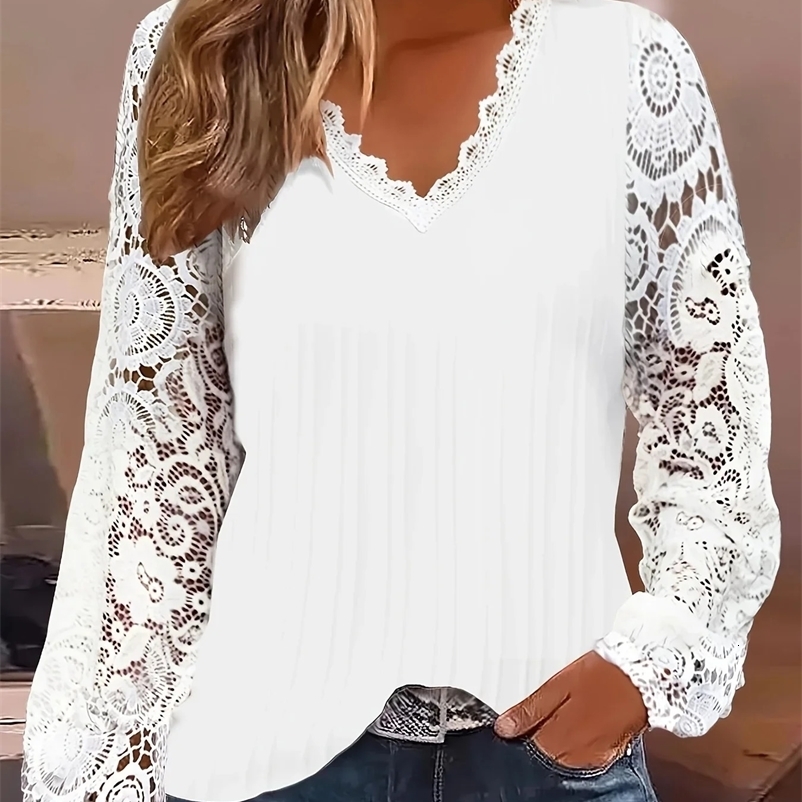 Womens plus size 1XL-5XL fashionable womens casual lantern loose shirt comparison Guipure lace long sleeved shirt 241206bj