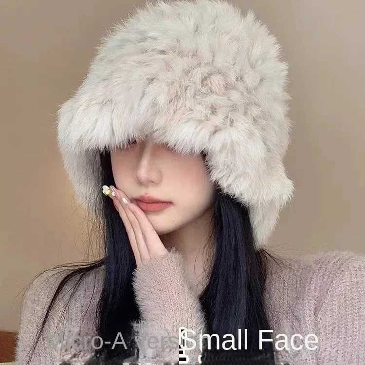 Autumn and Winter Warm Real Rabbit Fur White Plush Hat Female Face Small Ear Protection Cloud Hat Fur Knitted Bucket HatXJ250923