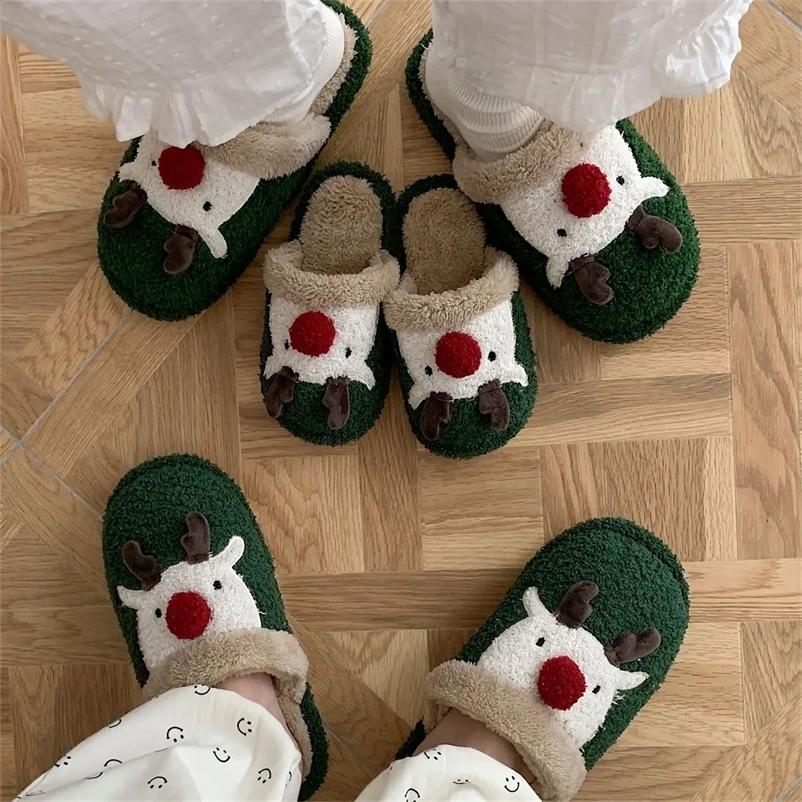 Mens and Womens Plush Home Sliders Winter Creative Cute Christmas Elk Parents Childrens Cotton Sliders 241203bj