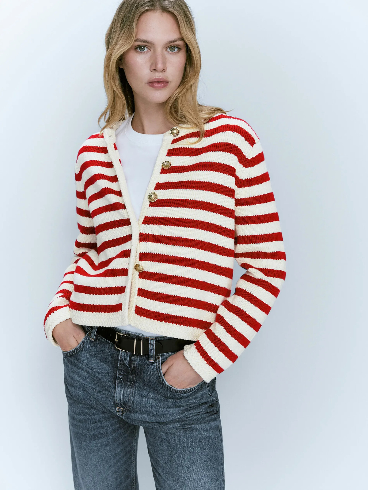 ETHEREAL MD 2024 FEMPS Spring Style de SlimFit Buckle Classic Striped Cardigan for Women 250905
