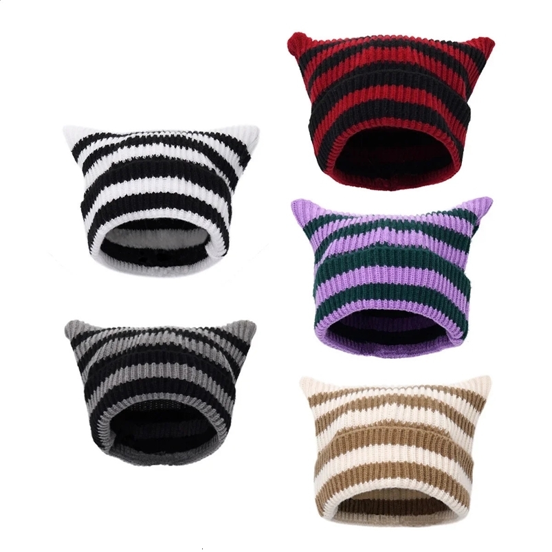 Japanese Y2K Cute Black White Striped Cat Ears Wool Hat Women Autumn Winter Warm Little Devil Hanging Ball Knitted Beanie Hat 241211