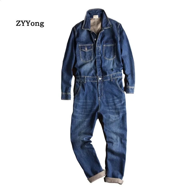 Spring and Autumn mens denim jumpsuit long sleeved lapel top blue jeans hip-hop cargo pants fashionable freight train 240927bj