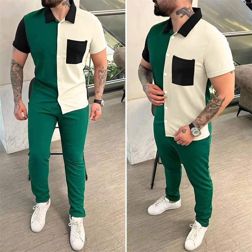 Color Blocking Set Soft Beach Outfit Mens Lapel Button Up Short Sleeved Shirt And Pants MB5-ML4 240812